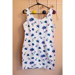 Vintage MyMichelle White Floral Wiggle Dress – Blue & Purple Cotton Bodycon